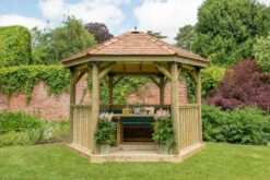 Forest Garden Hexagonal 3.6m Cedar Roof Gazebo Furnished Green