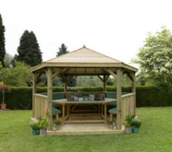 Forest Garden Hexagonal Timber Roof Gazebo Furnished Green