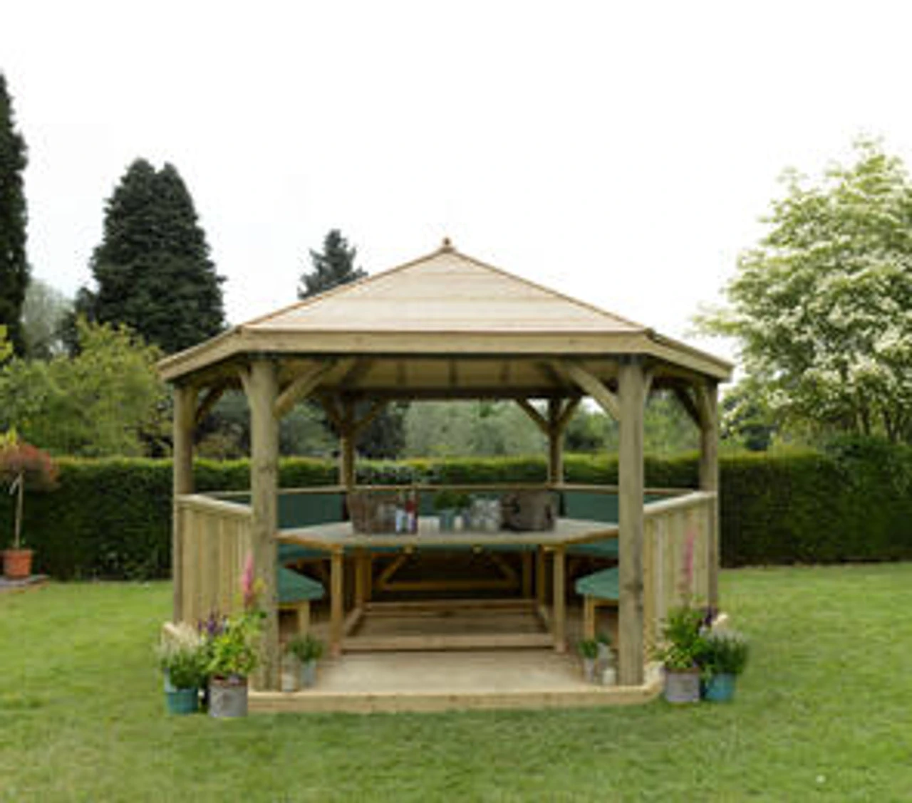 Forest Garden Hexagonal Timber Roof Gazebo Furnished Green 3 Forest Garden Hexagonal Timber Roof Gazebo Furnished Green